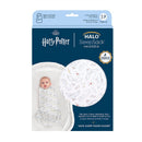 HALO SleepSack Swaddle featuring Harry Potter design, 100% cotton, suitable for babies 3-6 months, with owl and star patterns.