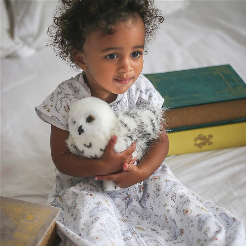 Toddler in a Harry Potter-themed SleepSack blanket holds a plush owl, with books visible in the background.