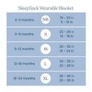 Size and weight chart for HALO SleepSack Wearable Blanket in medium, showing dimensions and weight limits for different age ranges.