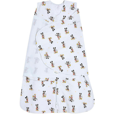 HALO SleepSack Swaddle in 100% cotton features a Mickey Mouse print, designed for safe and cozy sleep with a 1.5 TOG rating.