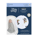 HALO SleepSack Swaddle in 100% cotton features a gray swaddle with a round inset showing a Mickey Mouse pattern, suitable for infants.