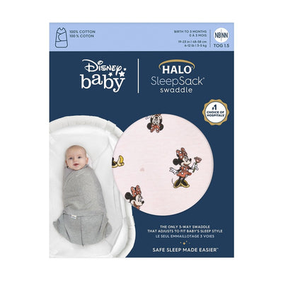 HALO SleepSack Swaddle in 100% cotton features a pink Minnie Mouse design, suited for infants 0-3 months, promoting safe sleep.