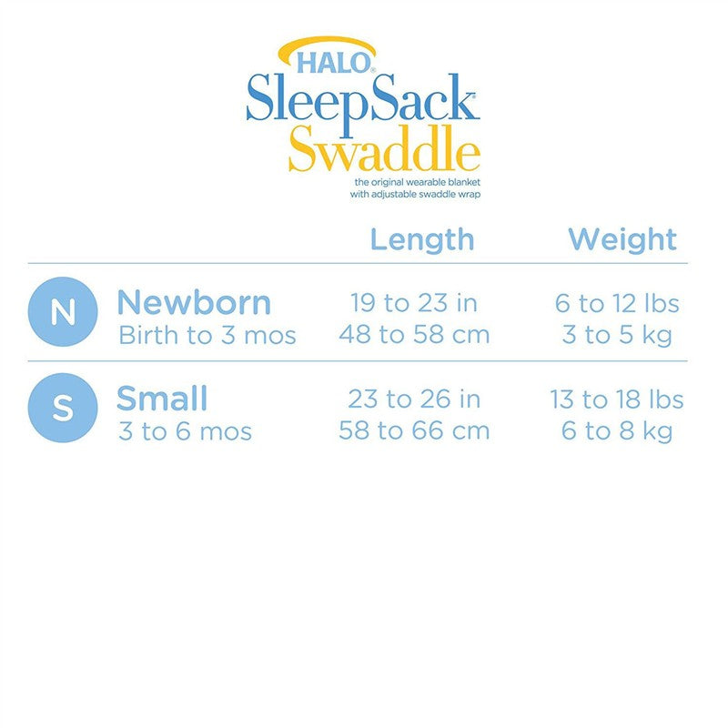 Size chart for HALO SleepSack Swaddle; includes lengths and weights for Newborn and Small sizes.