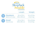 Size chart for HALO SleepSack Swaddle; includes lengths and weights for Newborn and Small sizes.