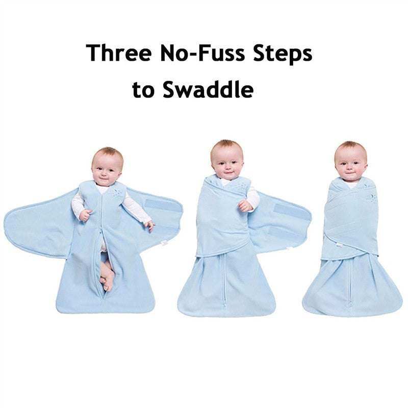 HALO SleepSack Swaddle in blue demonstrates three steps to swaddle a baby, showcasing a baby in each stage of swaddling.