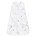 HALO SleepSack Swaddle in 100% cotton, 1.5 TOG, featuring a space-themed design with planets and stars.