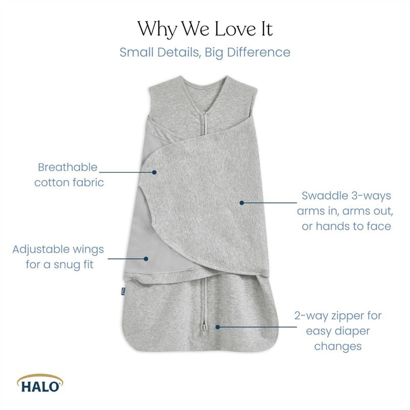 HALO SleepSack Swaddle in gray, made of breathable cotton, features adjustable wings and a two-way zipper for easy diaper changes.