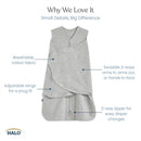 HALO SleepSack Swaddle in gray, made of breathable cotton, features adjustable wings and a two-way zipper for easy diaper changes.