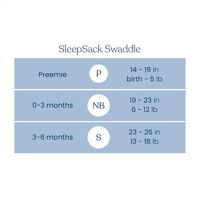 Swaddle size chart for HALO SleepSack Swaddle, detailing measurements for Preemie, 0-3 months, and 3-6 months.