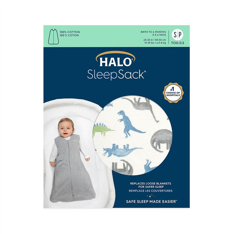 HALO SleepSack wearable blanket in gray with dinosaur patterns, suitable for infants 0-6 months, promoting safe sleep.