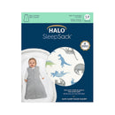 HALO SleepSack wearable blanket in gray with dinosaur patterns, suitable for infants 0-6 months, promoting safe sleep.