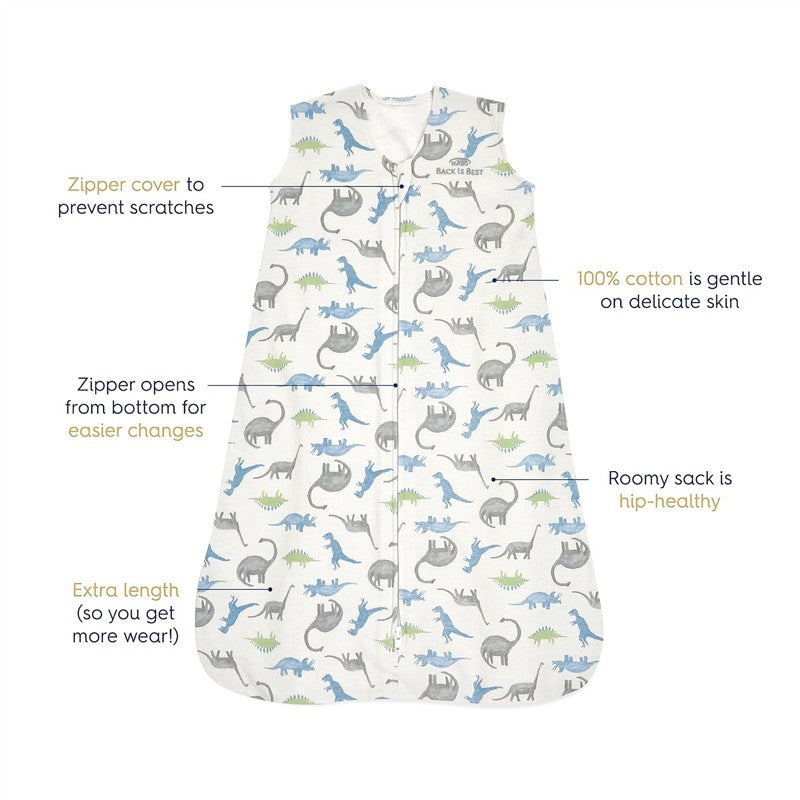 HALO SleepSack Wearable Blanket in Watercolor Dinos design, made of 100% cotton, featuring a zipper for easy changes and extra length.