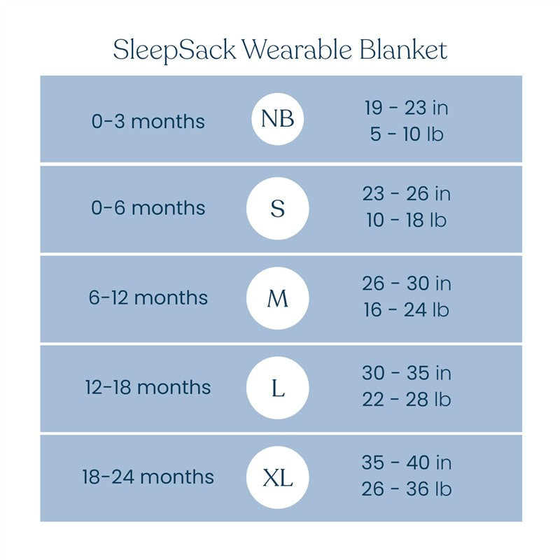 Size guide for HALO SleepSack Wearable Blanket Micro-Fleece 1.0 TOG, detailing age, size, and weight ranges for each size.