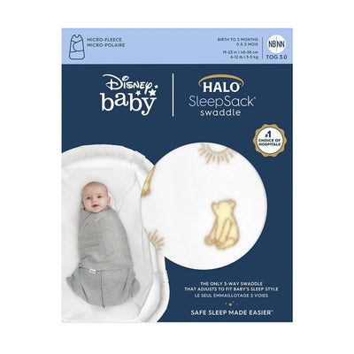 HALO SleepSack Swaddle in micro-fleece with a Sunshine Winnie bear design, for infants 0-3 months.