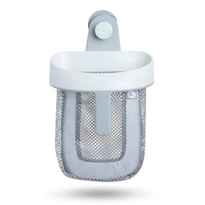 Grey hanging bath toy storage by Munchkin featuring a mesh bag with a white plastic trim and suction mount for easy attachment.