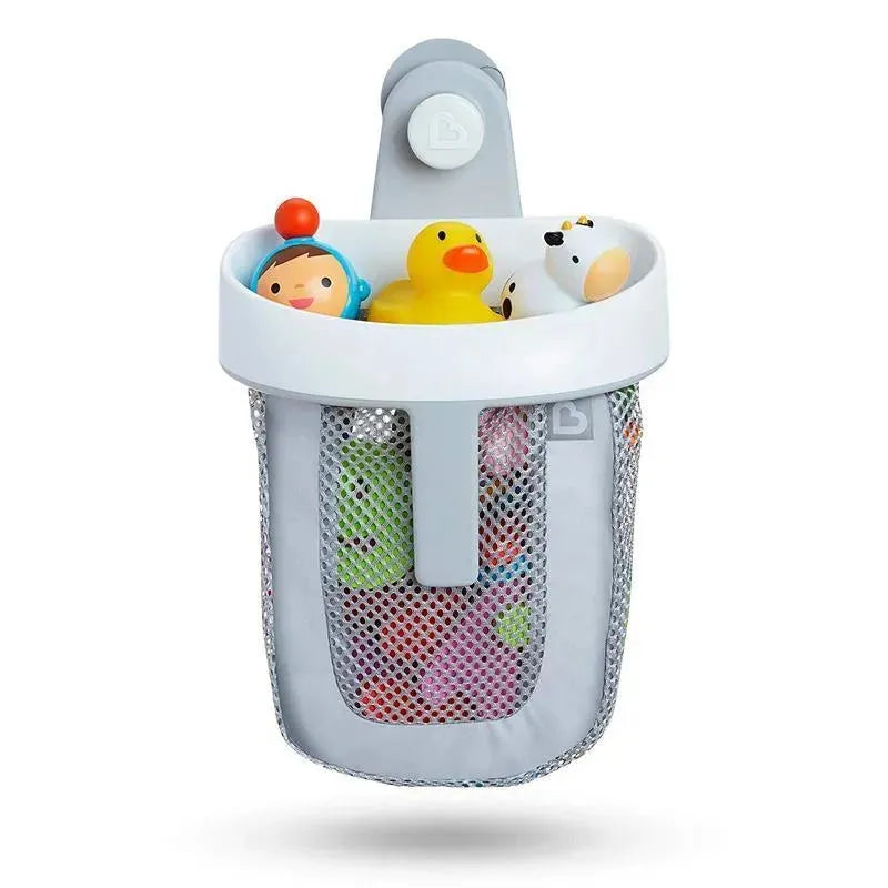 Hanging bath toy storage in grey by Munchkin, featuring mesh design and colorful bath toys inside.