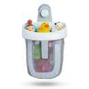 Hanging bath toy storage in grey by Munchkin, featuring mesh design and colorful bath toys inside.