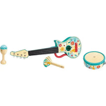 Colorful Hape 4 in 1 Kids Instrument Set featuring a guitar, maraca, hand drum, and a clacker, designed for playful music exploration.