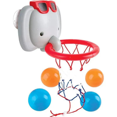 Hape Bath Time Basketball Elephant Pal features an elephant hoop with red sunglasses and three colorful balls for bath play.
