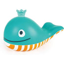 Toy whale with a crown, teal color, orange and white striped belly, designed for bubble blowing.