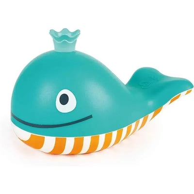 Toy whale with a crown, teal color, orange and white striped belly, designed for bubble blowing.