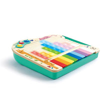 Colorful Hape Dynamic Pixel Piano with multiple keys in a rainbow layout and playful animal illustrations.
