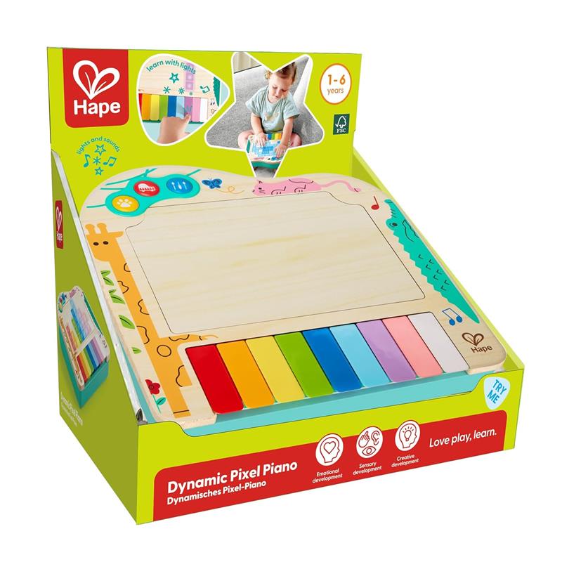 Hape Dynamic Pixel Piano packaging showcasing a colorful wooden piano with multi-colored keys and an interactive interface for children.