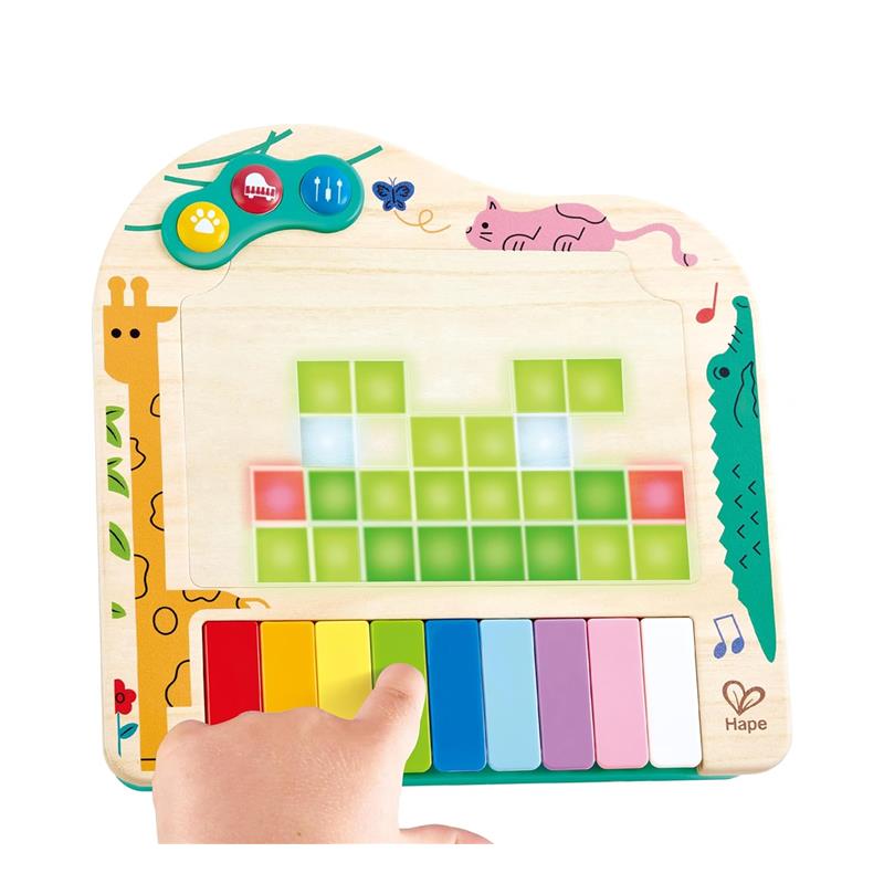 Dynamic Pixel Piano by Hape features colorful keys and a light-up screen for interactive music play, with animal designs around the frame.