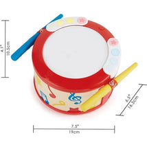 Electronic kids drum by Hape featuring colorful musical notes, two drumsticks, and light-up functions.