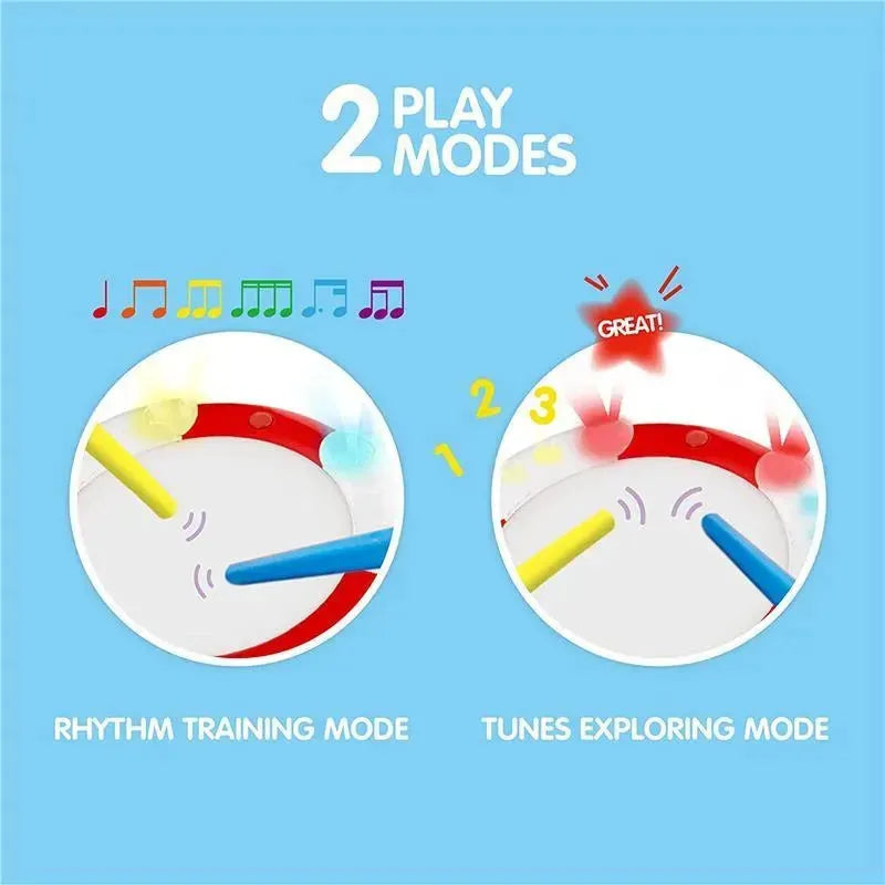 Electronic drum illustration featuring two play modes: Rhythm Training and Tunes Exploring, with colored drumsticks and lights.