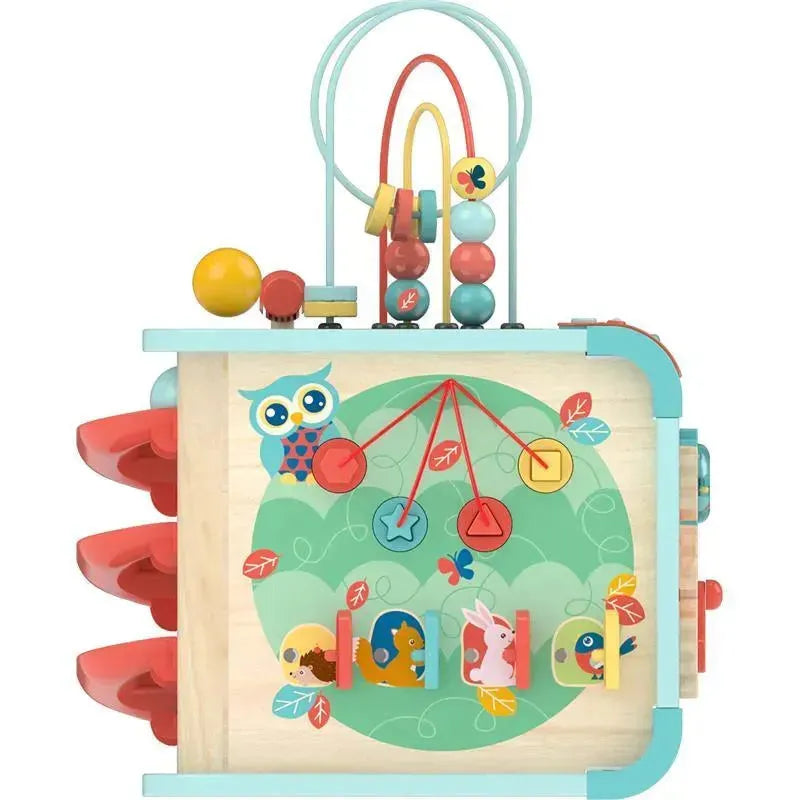 Montessori toy featuring a colorful wooden cube with animal illustrations, beads, and various tactile elements for learning.