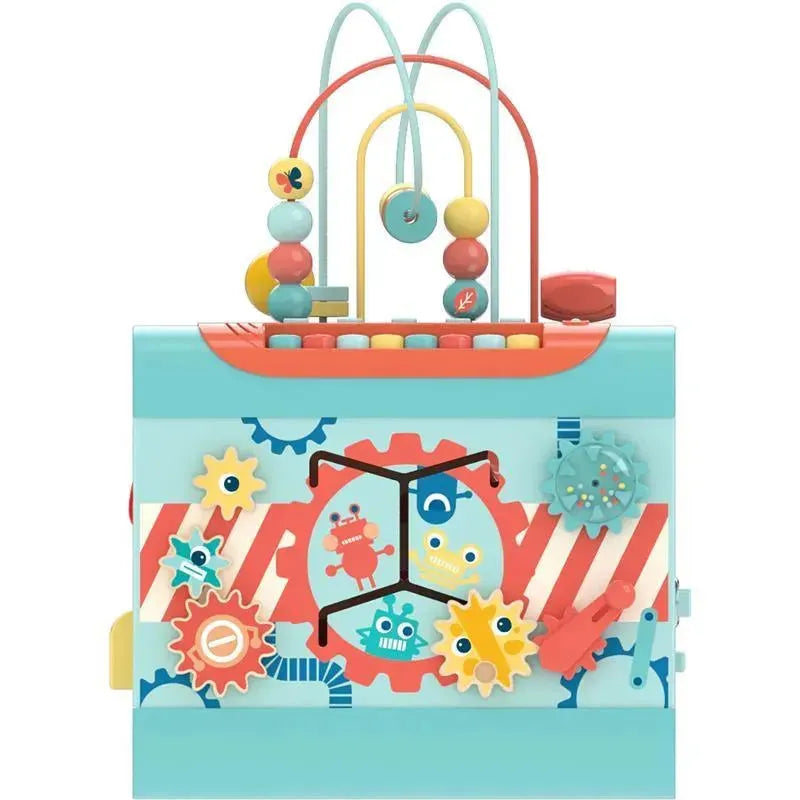 Montessori toy featuring colorful gears, multiple bead mazes, and engaging interactive elements for sensory learning.