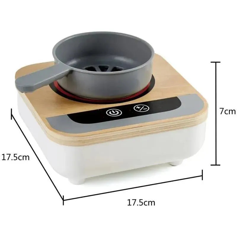 Wooden tabletop stove with fan and removable gray pot, measuring 17.5cm x 17.5cm x 7cm.