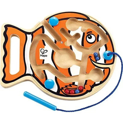 Wooden toddler maze puzzle shaped like a fish with colorful beads and a blue string for guiding beads through the maze.