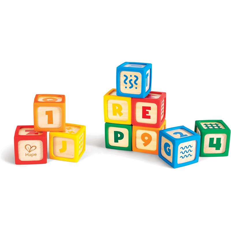 Colorful silicone and wood blocks from Hape, featuring numbers and symbols, arranged in a playful stack.