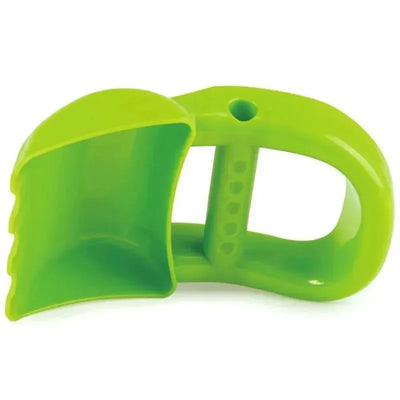 Green hand digger toy with a curved scoop and ergonomic handle, designed for outdoor play and digging activities.