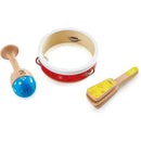 Hape Junior Percussion Set featuring a red tambourine, blue maraca, and yellow clapper, ideal for young musicians.