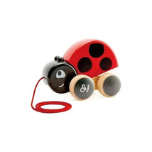 Wooden ladybug pull-along toy from Hape, featuring a red shell, black spots, and a smiling face.