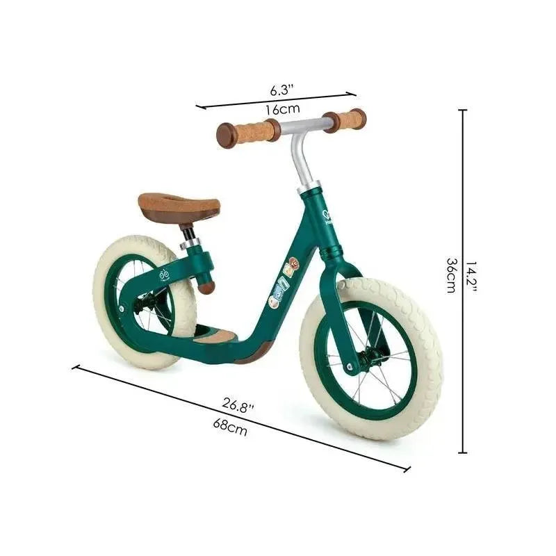 Hape Learn To Ride Balance Bike in red, featuring rubber tires, a brown seat, and a minimalist design with dimensions.