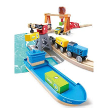 Colorful wooden toy set featuring a harbor scene with a ship, train, crane, and cargo containers for playful loading and transportation activities.