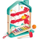 Hape Melody Mansion Ball Run, featuring colorful ball tracks, a xylophone, and a mallet for interactive play.