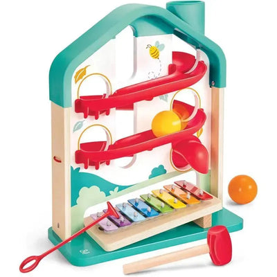 Hape Melody Mansion Ball Run, featuring colorful ball tracks, a xylophone, and a mallet for interactive play.