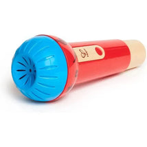 Mighty Echo Microphone by Hape, featuring a vibrant red body and blue top, designed for fun interactive play.