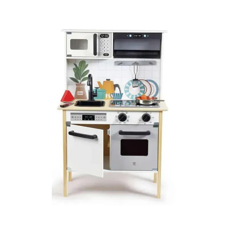 Hape Modern Smart Kitchen toy featuring a microwave, stove, sink, and oven, decorated with colorful kitchen accessories.