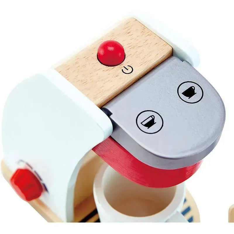 Wooden coffee machine toy with a red on/off button and two feature buttons for cups, designed for playful kitchen activities.