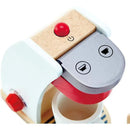 Wooden coffee machine toy with a red on/off button and two feature buttons for cups, designed for playful kitchen activities.