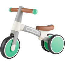 Hape My First Balance Bike in Vespa Green with brown seat and handlebars, designed for young children to promote balance.