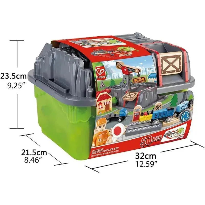 Hape Railway Bucket Builder Set features a colorful storage box with tracks, vehicles, and construction elements, labeled with dimensions.