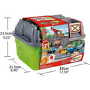 Hape Railway Bucket Builder Set features a colorful storage box with tracks, vehicles, and construction elements, labeled with dimensions.