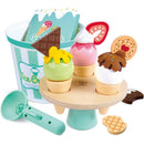 Hape Scoop & Serve Ice Cream Set with colorful ice cream scoops, cones, play bucket, and accessories for imaginative play.
